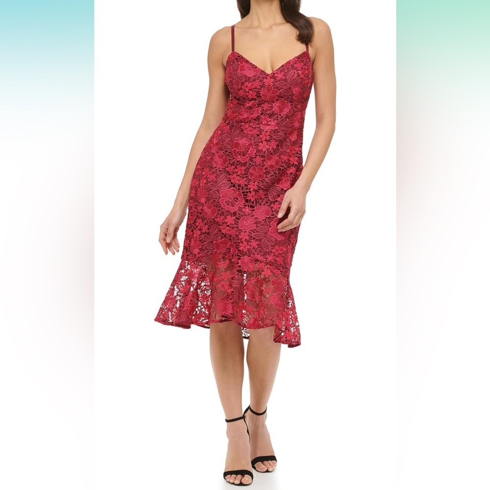 GUESS Women's Lace Midi with Flounce Hem Dress woman’s Sz 12 New with out tag.